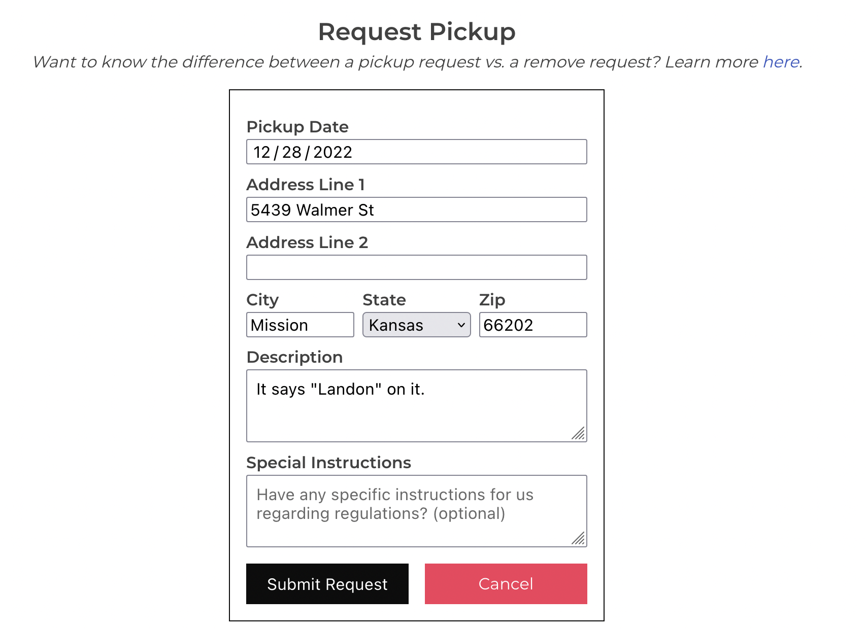 Request Pickup Form